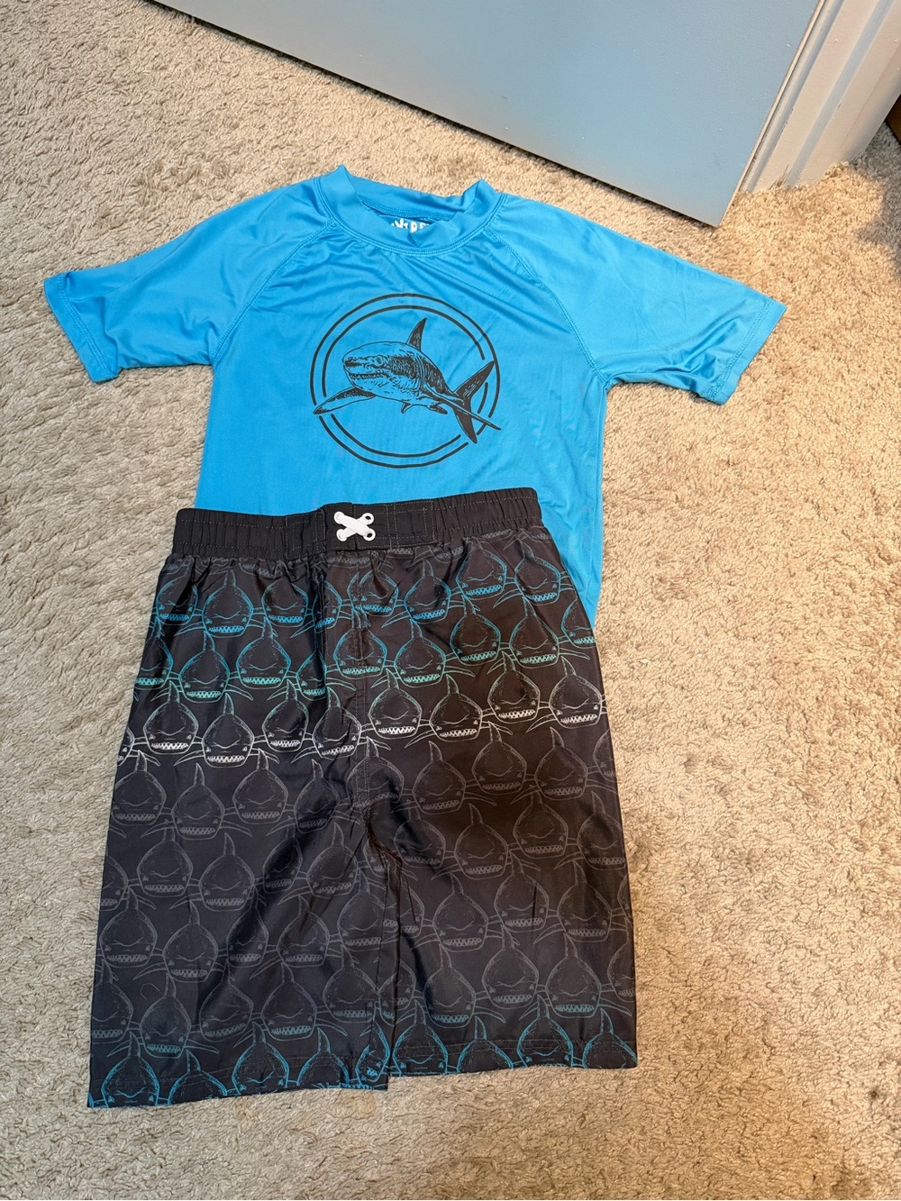 Blue Shark Rashguard Top and Black Shark Print Swim Trunks Set